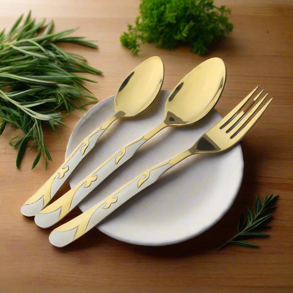 dessert spoons, table spoons, table fork, tea spoons, serving spoons, pvd coating premium quality steel life time coating guaranteed. izna's cutlery collection low price guaranteed