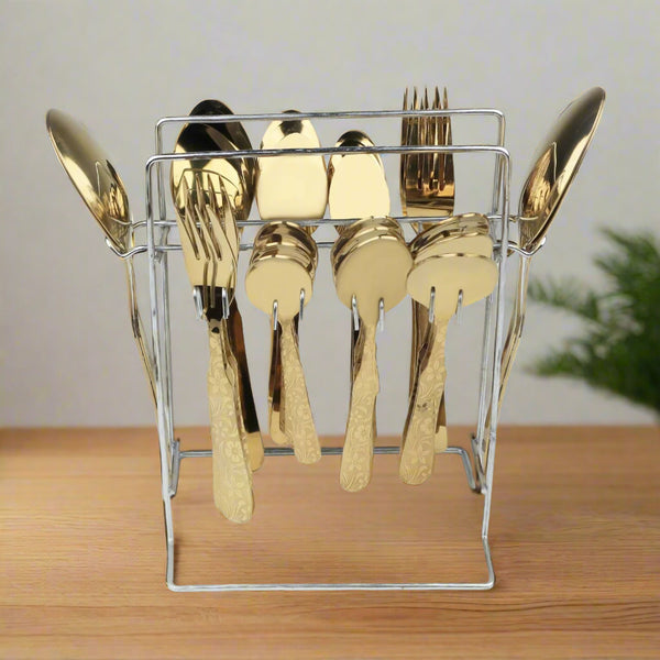 Stainless Steel PVD Coated Cutlery Set With Stand - Flower