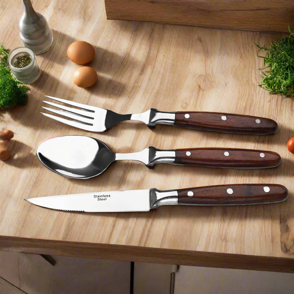 stainless steel table fork spoon and knife for pizza eating and for steak