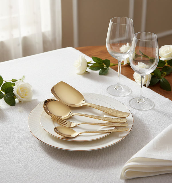 28-Piece Floral Engraved Gold Cutlery Set – Premium 304 Stainless Steel | PVD Gold Coated | 6-Person Dinner Set - Elegant