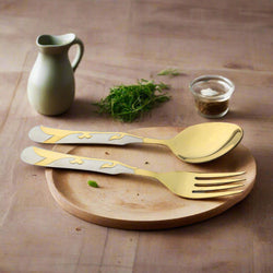 dessert spoons, table spoons, table fork, tea spoons, serving spoons, pvd coating premium quality steel life time coating guaranteed. izna's cutlery collection low price guaranteed