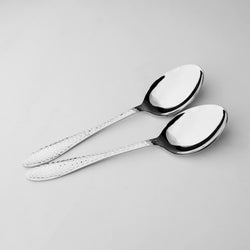 Two silver spoons on a light gray background