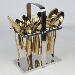 stainless steel gold plated cutlery set 29 pcs with stand at reasonable price from best cutlery brand 