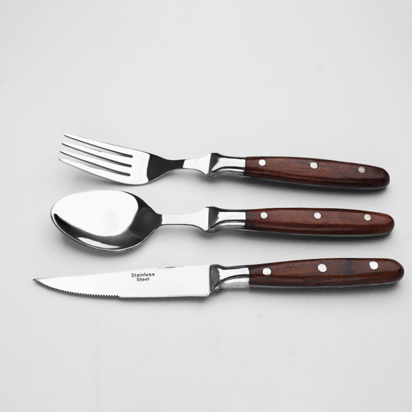 304 Stainless Steel Steak Fork Spoon And Knife Set Wooden Handle 3 Pcs