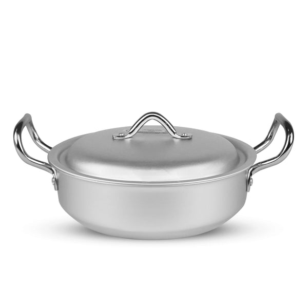 premium quality silver steel heavy gauge flat wok / karahi with lid at best price in Pakistan form best cookware brand - majestic chef cookware