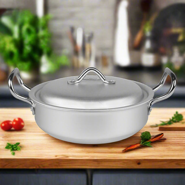 best quality silver steel aluminum alloy metal 6 pcs flat wok / karahi cooking pan set at best price from best cookware brand in Pakistan - majestic chef cookware