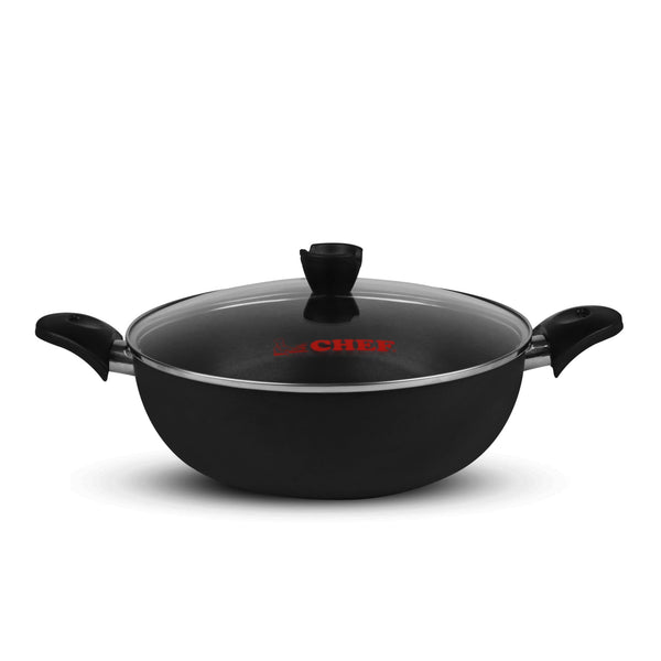 nonstick karahi wok with glass lid made with tested aluminum with triple layer nonstick durable coating - chef cookware