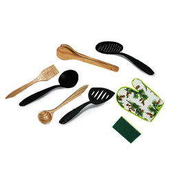 wooden spoon nylon spoon glove and sponge