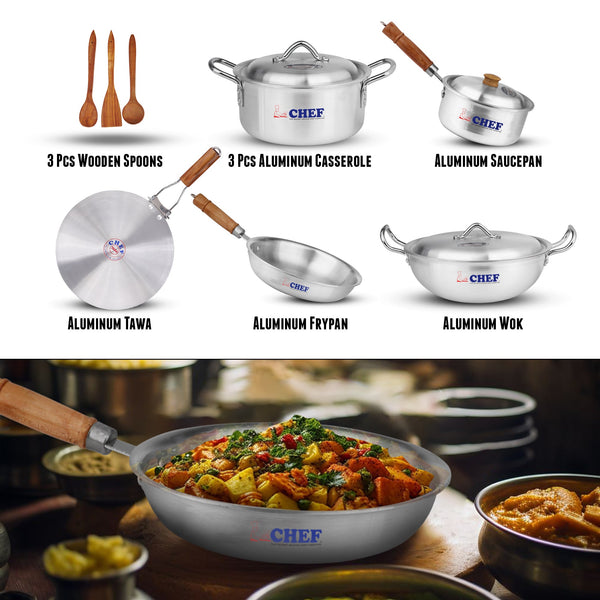 silver steel complete kitchen cookware set including 3 pcs wooden spoons silver pateela sauce pan with lid aluminum tawa frying pan with wooden handle and silver karahi with silver lid - chef cookware