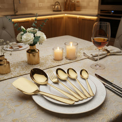 28-Piece Geometric Engraved Gold Cutlery Set – Premium 304 Stainless Steel | 6-Person Serving - Elegant Geometric