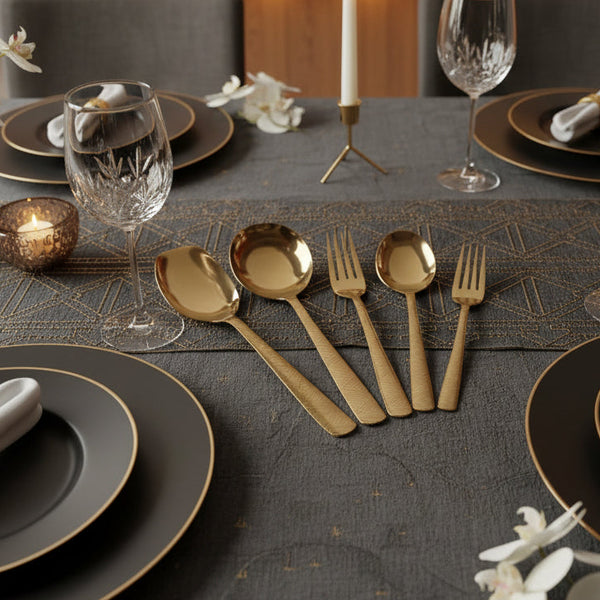 28-Piece Geometric Engraved Gold Cutlery Set – Premium 304 Stainless Steel | 6-Person Serving - Elegant Geometric