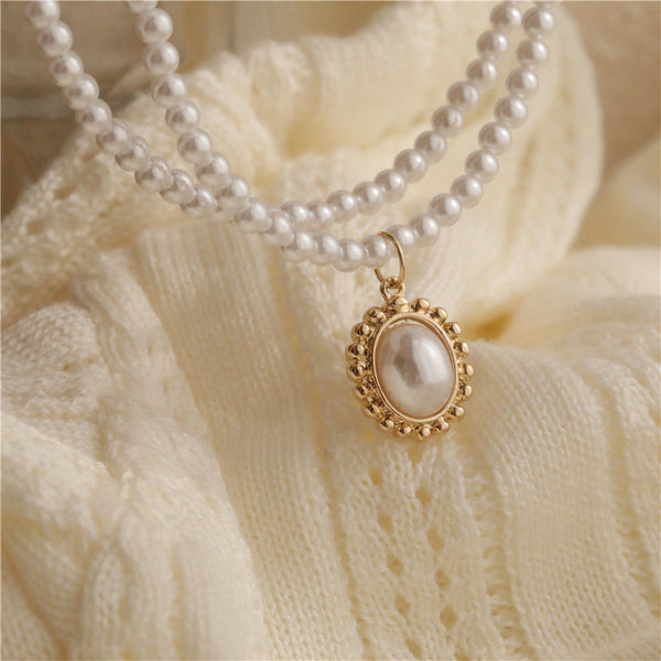 Retro French Double Layer Pearl Necklace Female Light Luxury Versatile Bestie Gift Pearl Clavicle Necklace Wholesale Female Jewelry
